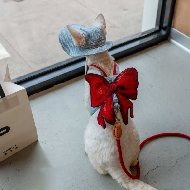 Sphynx Cat Chest Harness with Red Bow and Matching Leash