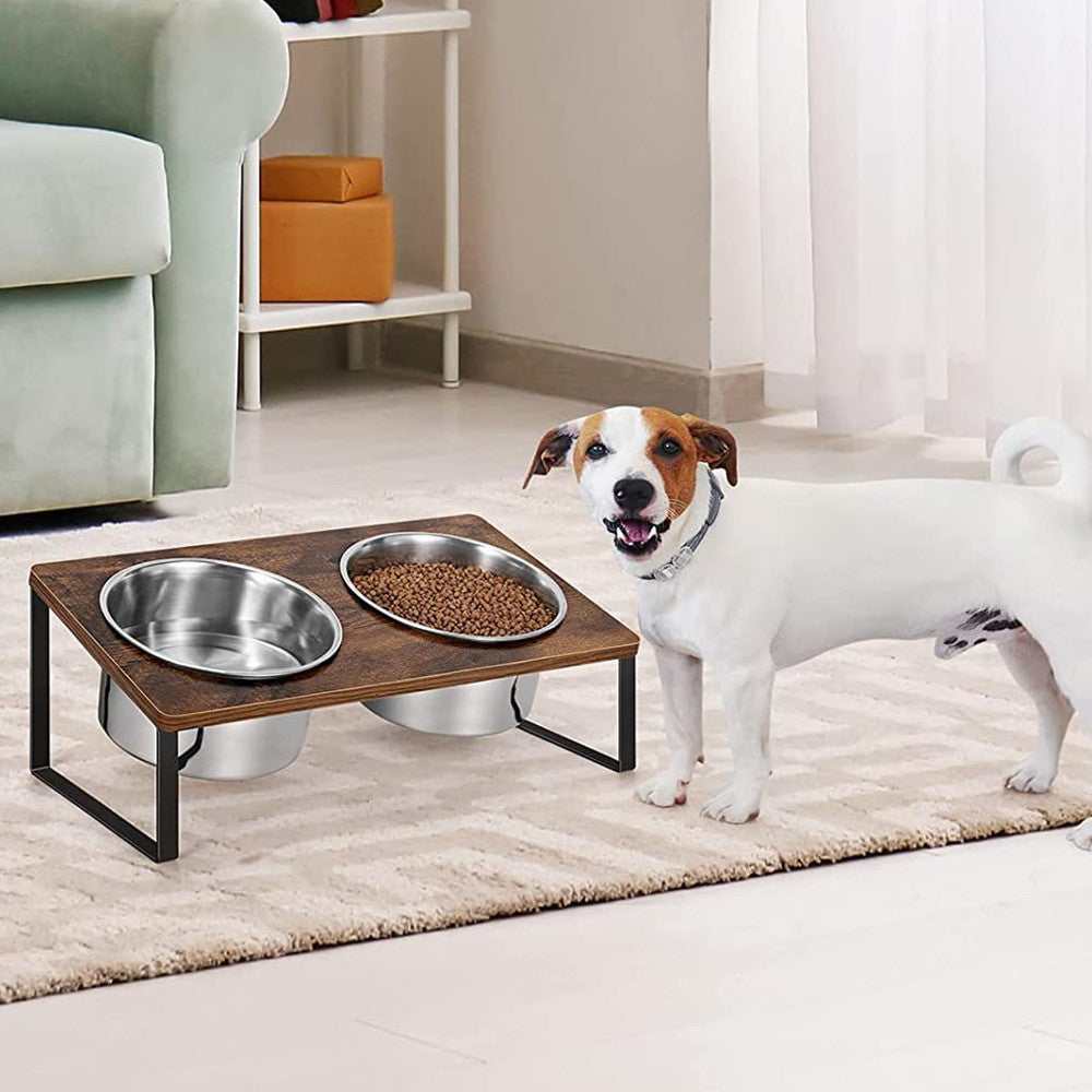 Iron & Wood Pet Feeding Rack with Cat Bowls