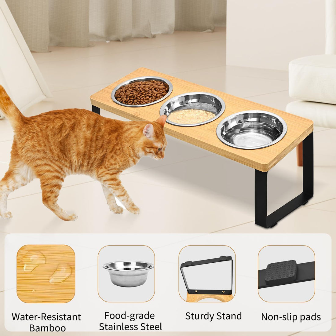 Iron & Wood Pet Feeding Rack with Cat Bowls