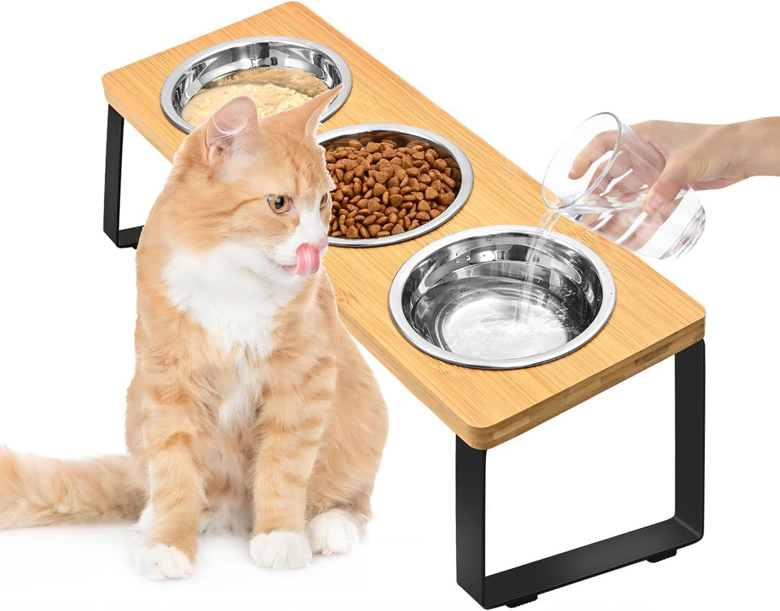 Iron & Wood Pet Feeding Rack with Cat Bowls
