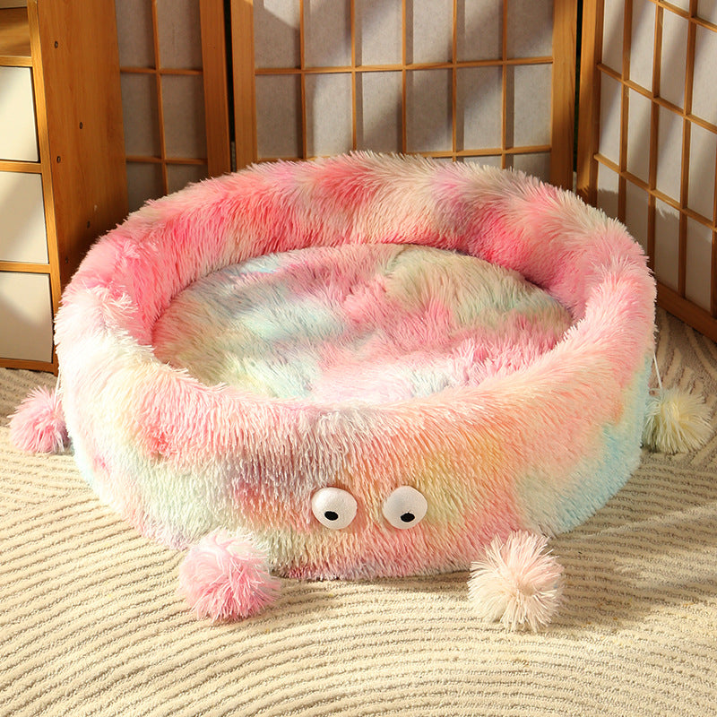 Warm Round Cat & Dog Bed with Cute Eye Monster Design