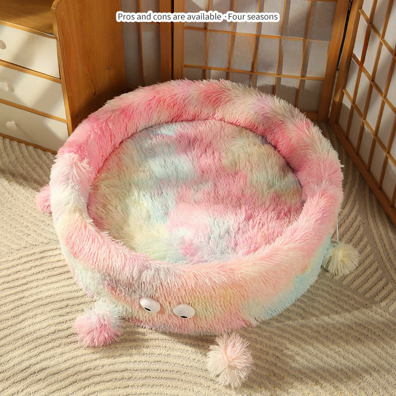 Warm Round Cat & Dog Bed with Cute Eye Monster Design