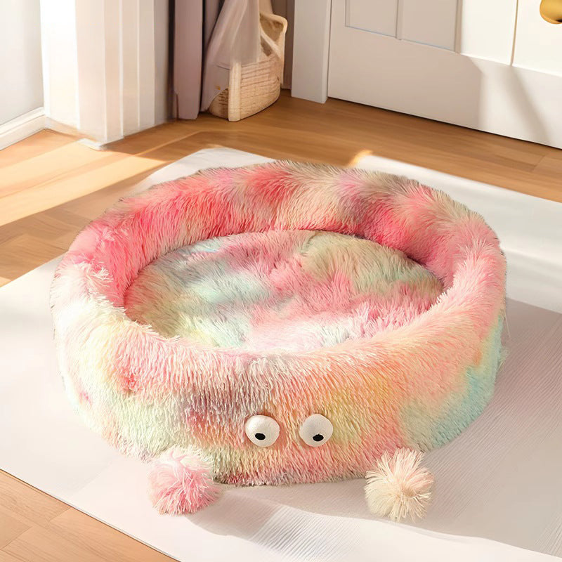 Warm Round Cat & Dog Bed with Cute Eye Monster Design