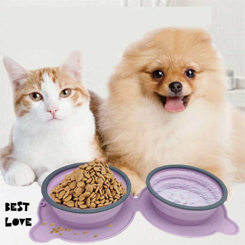 Portable Foldable Silicone Double Pet Bowl, Non-Slip for Travel