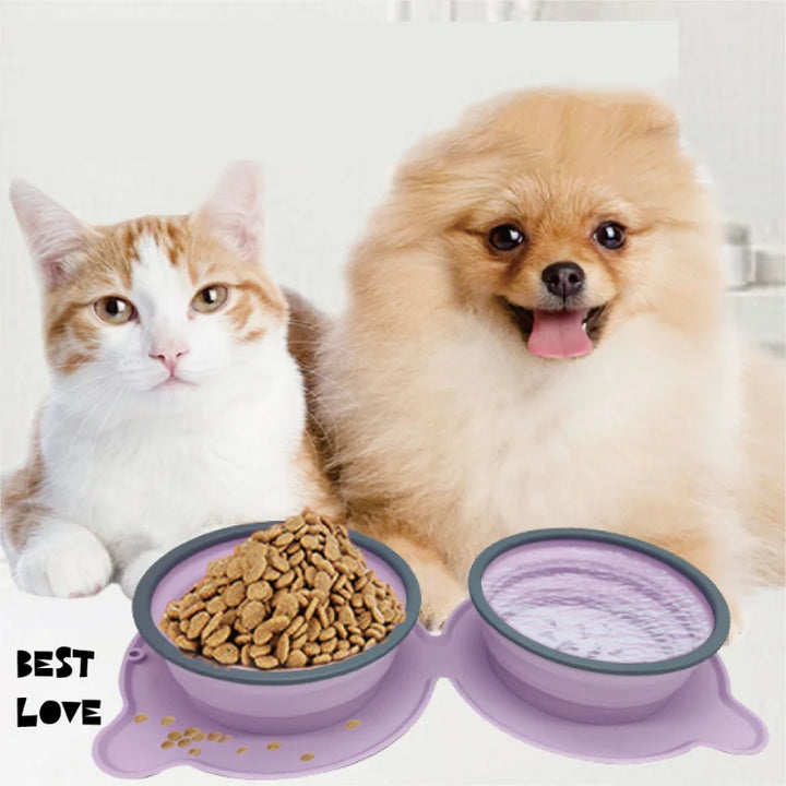 Portable Foldable Silicone Double Pet Bowl, Non-Slip for Travel
